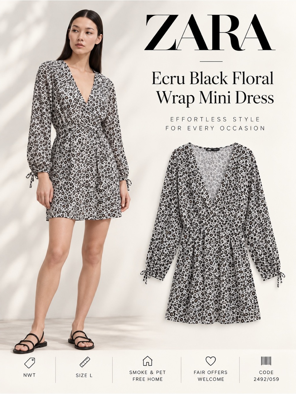 ZARA Ecru Black Floral Wrap Mini Dress Size L NWT 2492/059